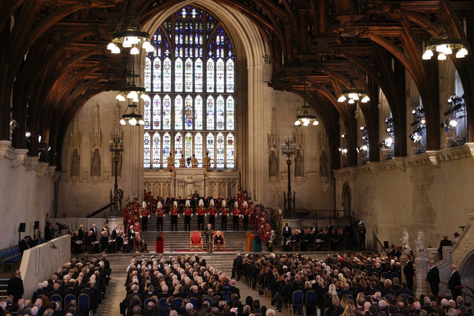 The King gives <a href="https://www.cnn.com/2022/09/12/uk/queen-elizabeth-death-monday-intl-gbr/index.html" target="_blank">his first address to Parliament</a> at London's Westminster Hall. He began by thanking the Speakers of the Houses of Commons and Lords for their opening speeches, "which so touchingly encompass what our late Sovereign, my beloved mother The Queen, meant to us all."