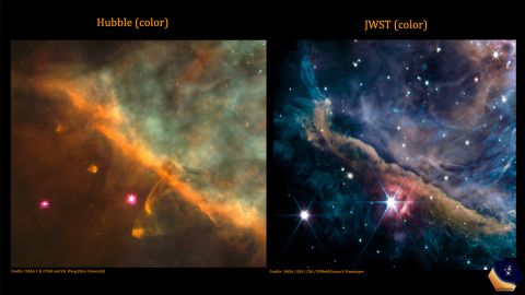 The Orion nebula as captured by the Hubble Space Telescope, left, and the James Webb Space Telescope, right. 