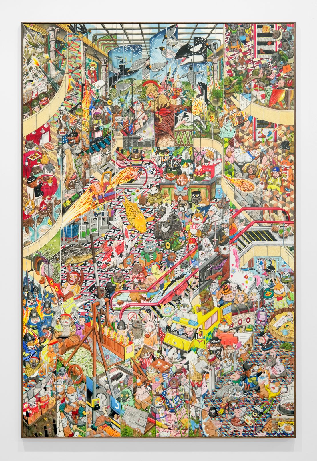 One of Kim's new paintings, "Too Cool for Shopping," depicts a chaotic mall. 