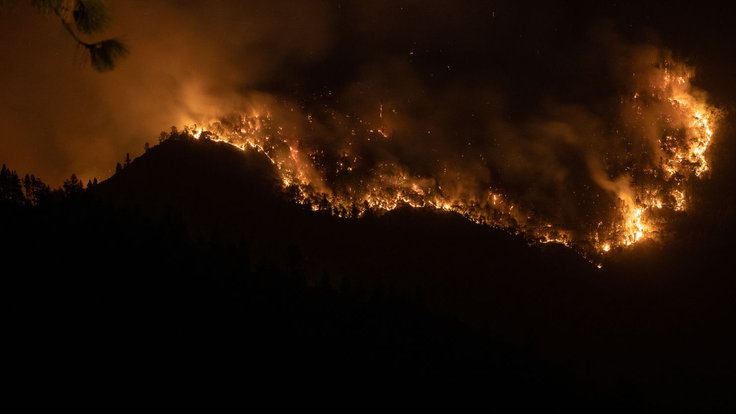 Flames from the wildfire in Foresthill, California, on September 10, 2022. Thousands of homes are threatened by the multi-county wildfire and over 11,000 evacuated as fire activity expected to increase.