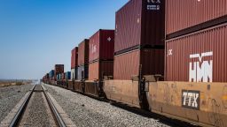 MECCA, CA - MAY 10:  A mile-long Union Pacific freight train is parked along a rail siding near the north shore of the Salton Sea as viewed on May 10, 2022 near Mecca, California. The Coachella Valley, located along Interstate 10 and south to the Salton Sea, is home to dozens of municipalities and boosts a winter population of 800,000 residents but drops to 400,000 residents in the hot summer months. (Photo by George Rose/Getty Images)