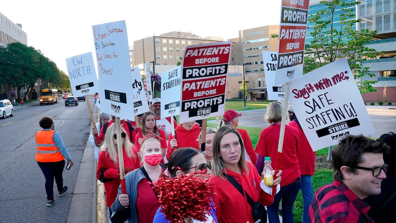 Nurses strike Monday, Sept. 12, 2022 outside North Memorial Health Hospital in Robbinsdale, Minn. Nurses launched a three-day strike over issues of pay and what they say is understaffing that has been worsened by the strains of the coronavirus pandemic. (David Joles/Star Tribune via AP)