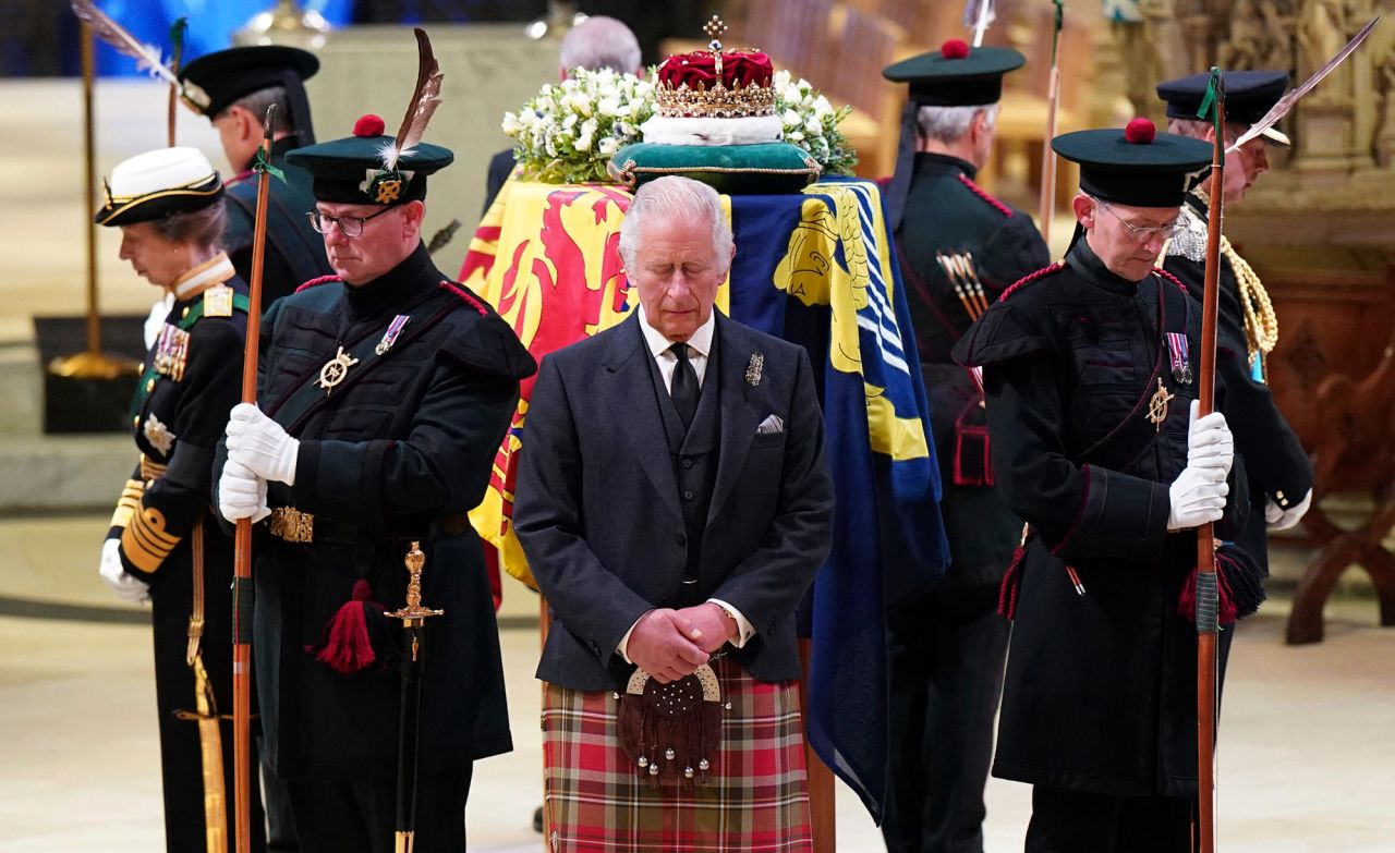 The King and other members of the royal family hold a vigil at the Queen's coffin while it was inside St. Giles' Cathedral in Edinburgh on September 12.