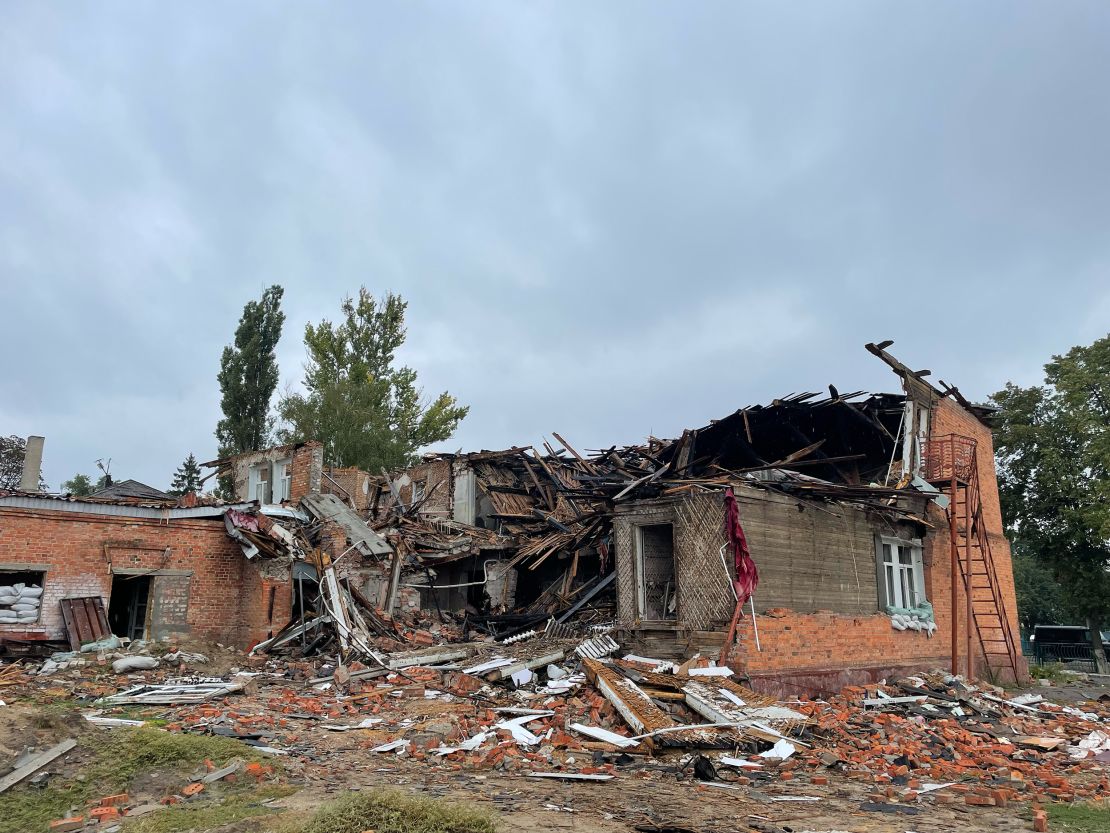 A former school building that was used as a base for Russian troops in Izium lies in ruins.