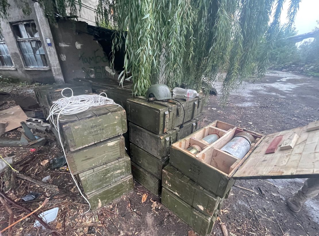 Piles of ammunition found near a bunker the Russians used as a command center in Izium.