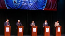 FILE - New Hampshire Republican U.S. Senate candidates from left Bruce Fenton, Chuck Morse, Vikram Mansharamani, Kevin Smith, and Don Bolduc participate in a debate, Wednesday, Sept. 7, 2022, in Henniker, N.H. New Hampshire will hold its primary on Tuesday, Sept. 13. (AP Photo/Mary Schwalm, File)