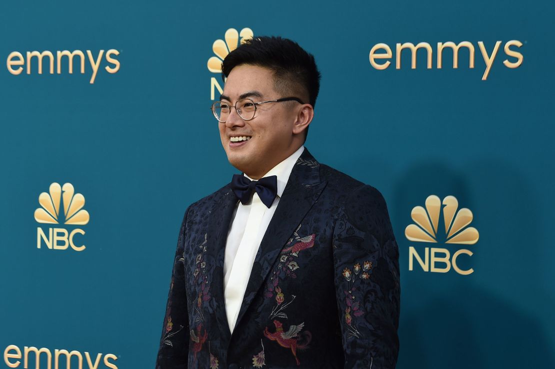 Bowen Yang wore a floral-patterned wool and silk jacquard suit jacket by Etro.