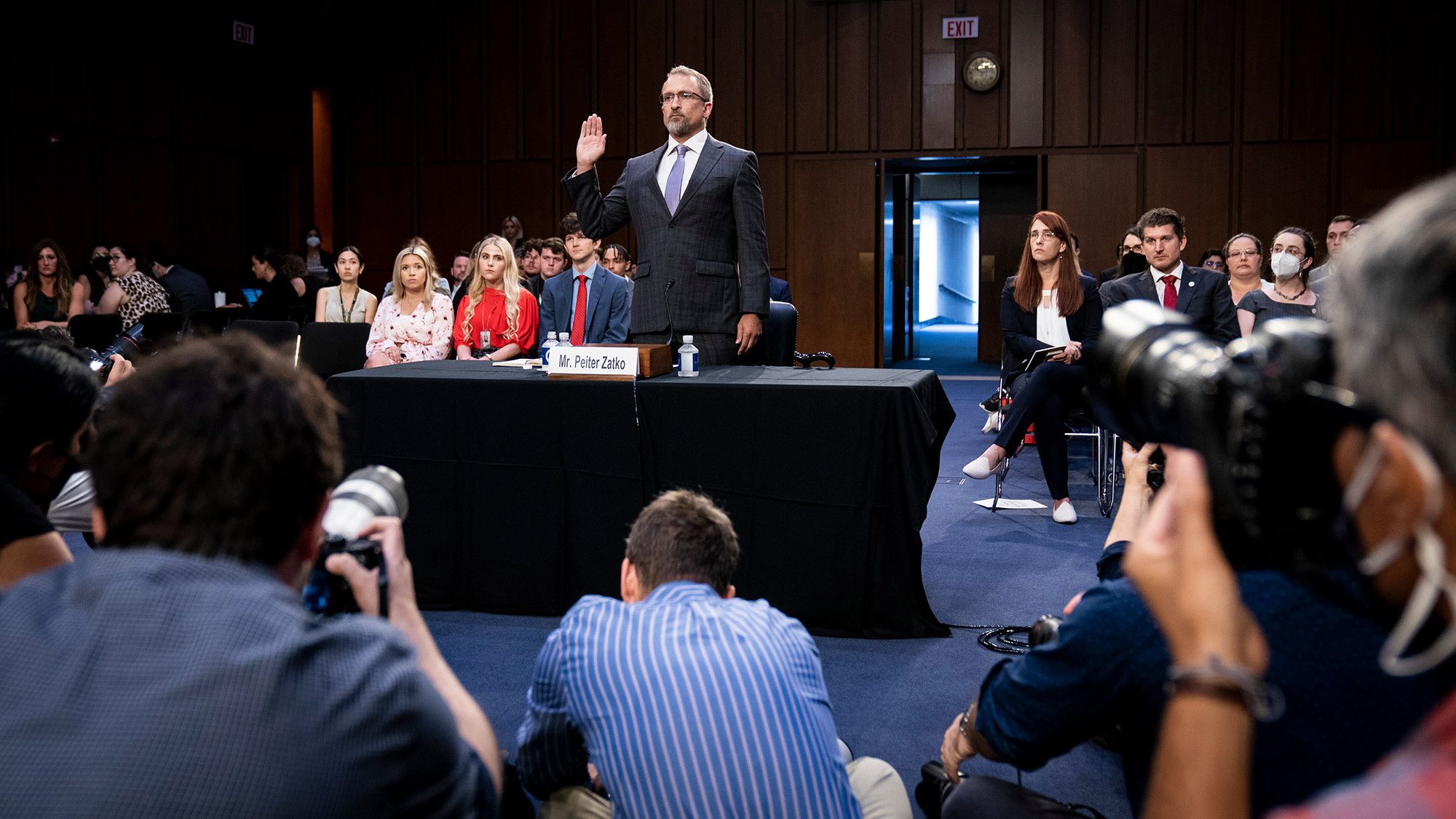 Twitter whistleblower Peiter "Mudge" Zatko is sworn in to testify before the Senate Judiciary Committee on Tuesday, September 13.