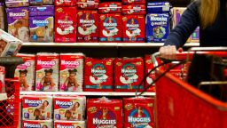UNITED STATES - JANUARY 26:  Huggies diapers made by Kimberly-Clark Corp. are displayed on a shelf at a Target store in Dallas, Texas, on Monday morning, January 26, 2004. Kimberly-Clark, the largest U.S. maker of diapers, said fourth-quarter profit climbed 24 percent, more than forecast, helped by newer products such as Huggies Convertibles and currency gains.  (Photo by Huy Nguyen/Bloomberg via Getty Images)