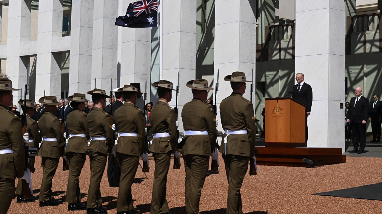 Australian Prime Minister Anthony Albanese attends the Proclamation of King Charles III, on the forecourt of Parliament House on September 11, 2022 in Canberra, Australia. 