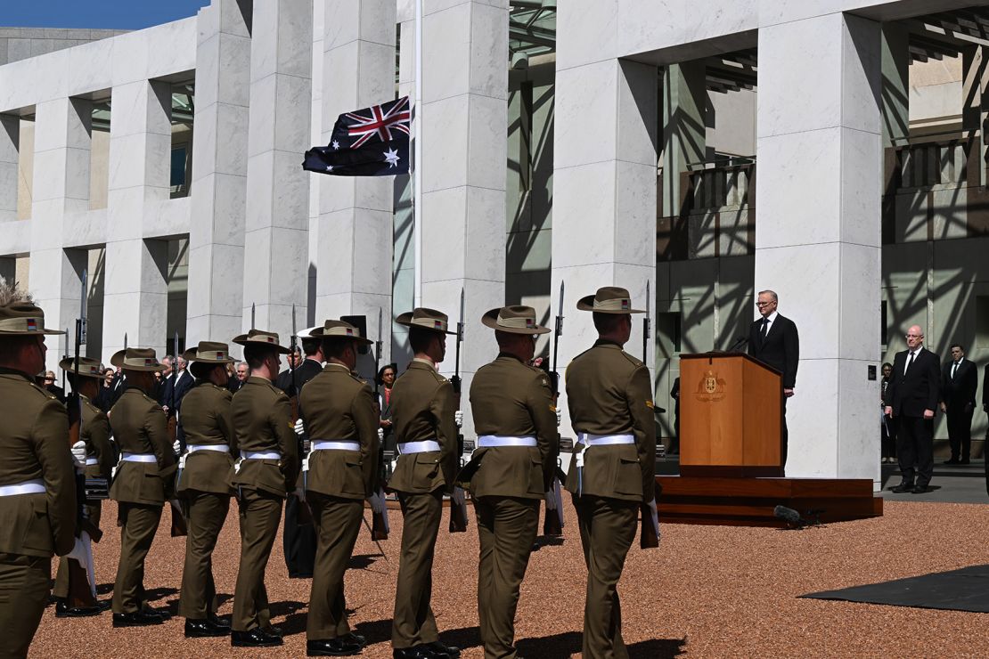 Australian Prime Minister Anthony Albanese attends the Proclamation of King Charles III, on the forecourt of Parliament House on September 11, 2022 in Canberra, Australia. 