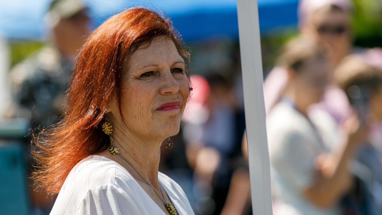 Far-right provocateur and former Republican Senate candidate Jo Rae Perkins attend anti-vaccine rally near the Oregon State Capitol in Salem, Oregon on June 9, 2021.
