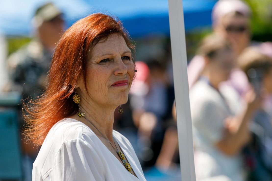 Far-right provocateur and former Republican Senate candidate Jo Rae Perkins attend anti-vaccine rally near the Oregon State Capitol in Salem, Oregon on June 9, 2021.