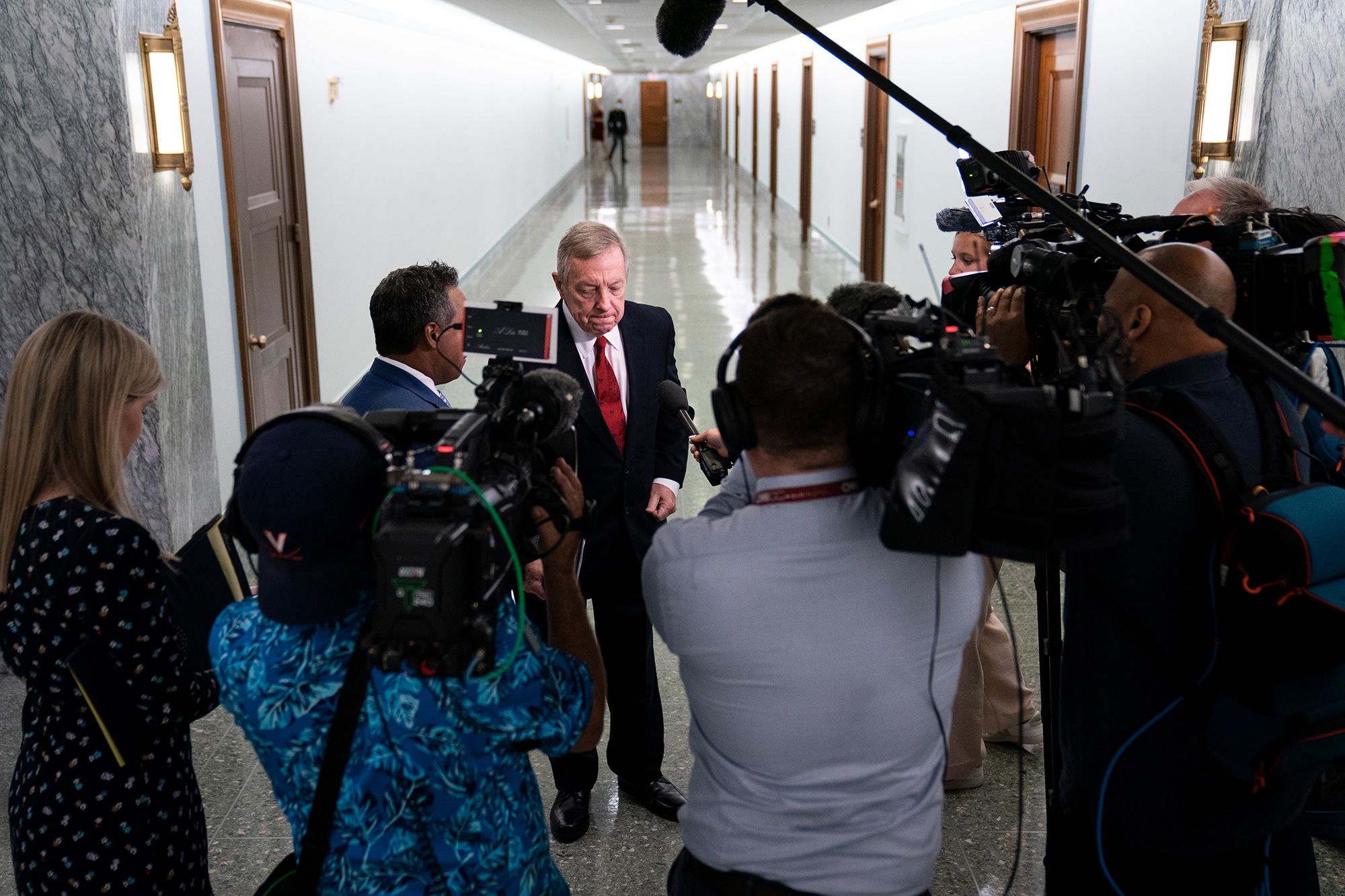 Durbin, a Democrat from Illinois, speaks to reporters before Zatko's testimony.