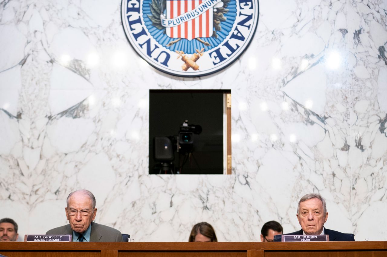 Committee Chairman Dick Durbin, right, and ranking member Chuck Grassley listen to Zatko on Tuesday.