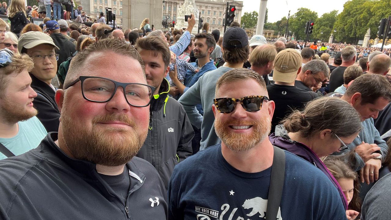 US tourists Matthew Anastasia (left) and
Justin Allen are glad that their pre-planned trip to London has coincided with these historic events.