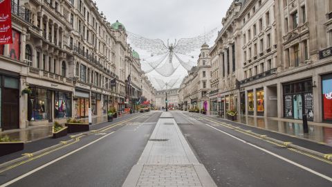 Regent Street in London during a pandemic lockdown. The prime retail location is owned by the Crown Estate. 
