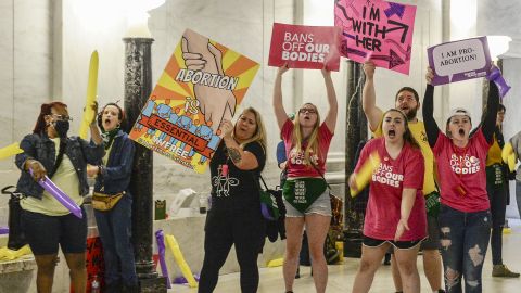 Abortion rights supporters demonstrate outside the Senate chamber at the West Virginia state Capitol on Tuesday, September 13, 2022, in Charleston, West Virginia.