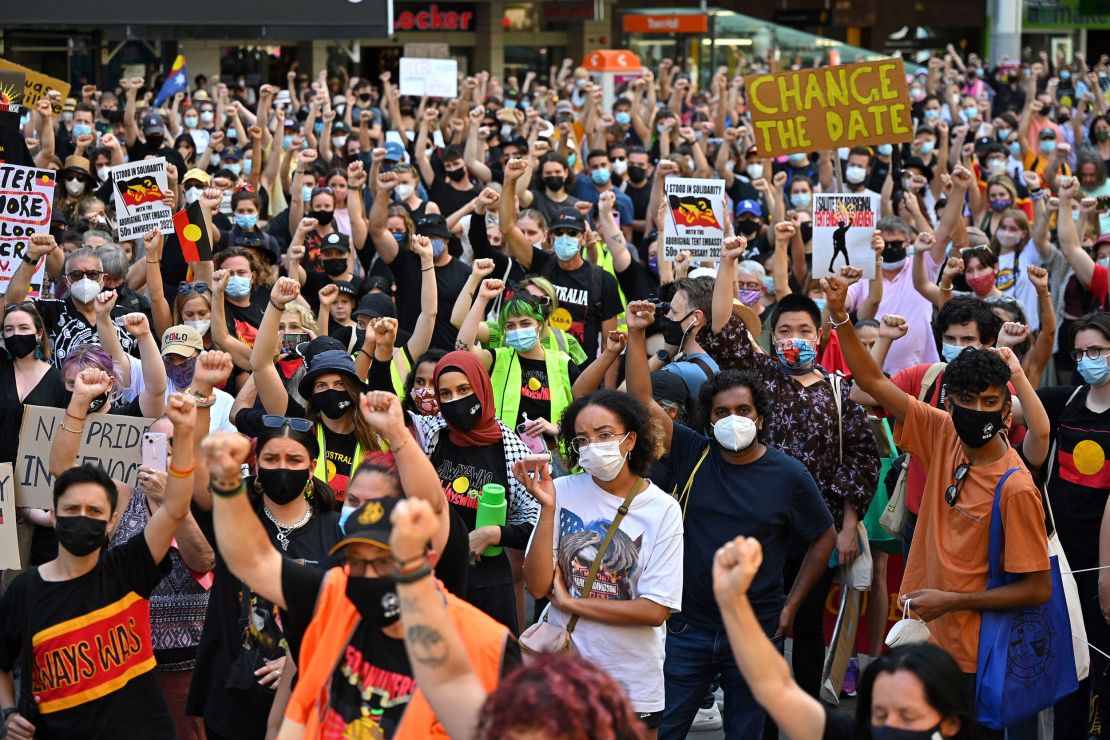 Protesters take part in an "Invasion Day" rally in Sydney on January 26, 2022. 