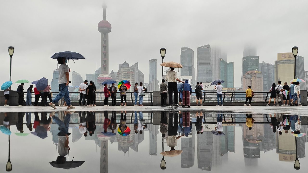 Rain fell at The Bund in Shanghai as Typhoon Muifa edged closer on, September 13, 2022. 