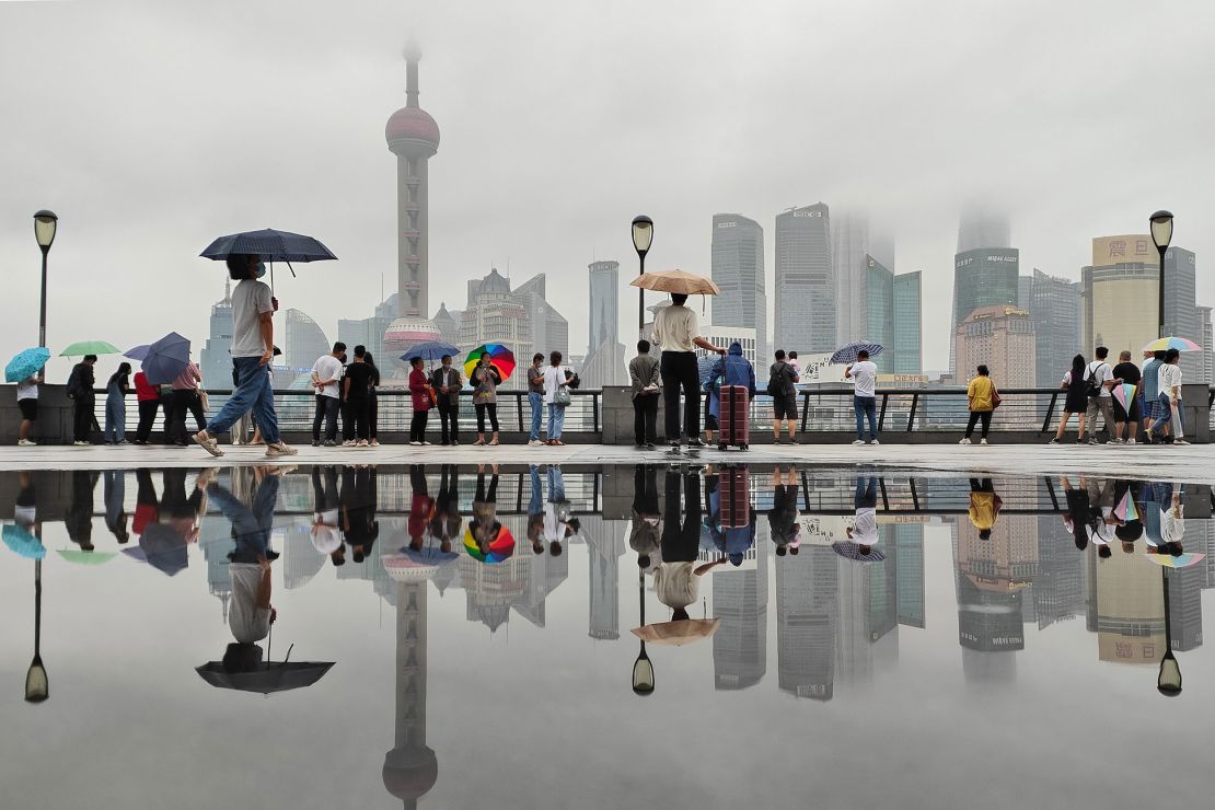 Rain fell at The Bund in Shanghai as Typhoon Muifa edged closer on, September 13, 2022. 