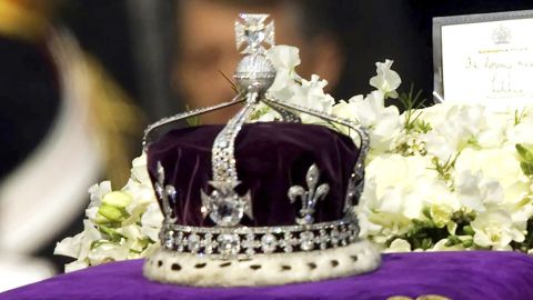 The Koh-i-Noor, or "mountain of light," diamond, set in the Maltese Cross at the front of the crown made for Britain's late Queen Mother Elizabeth, in a picture from 2002.