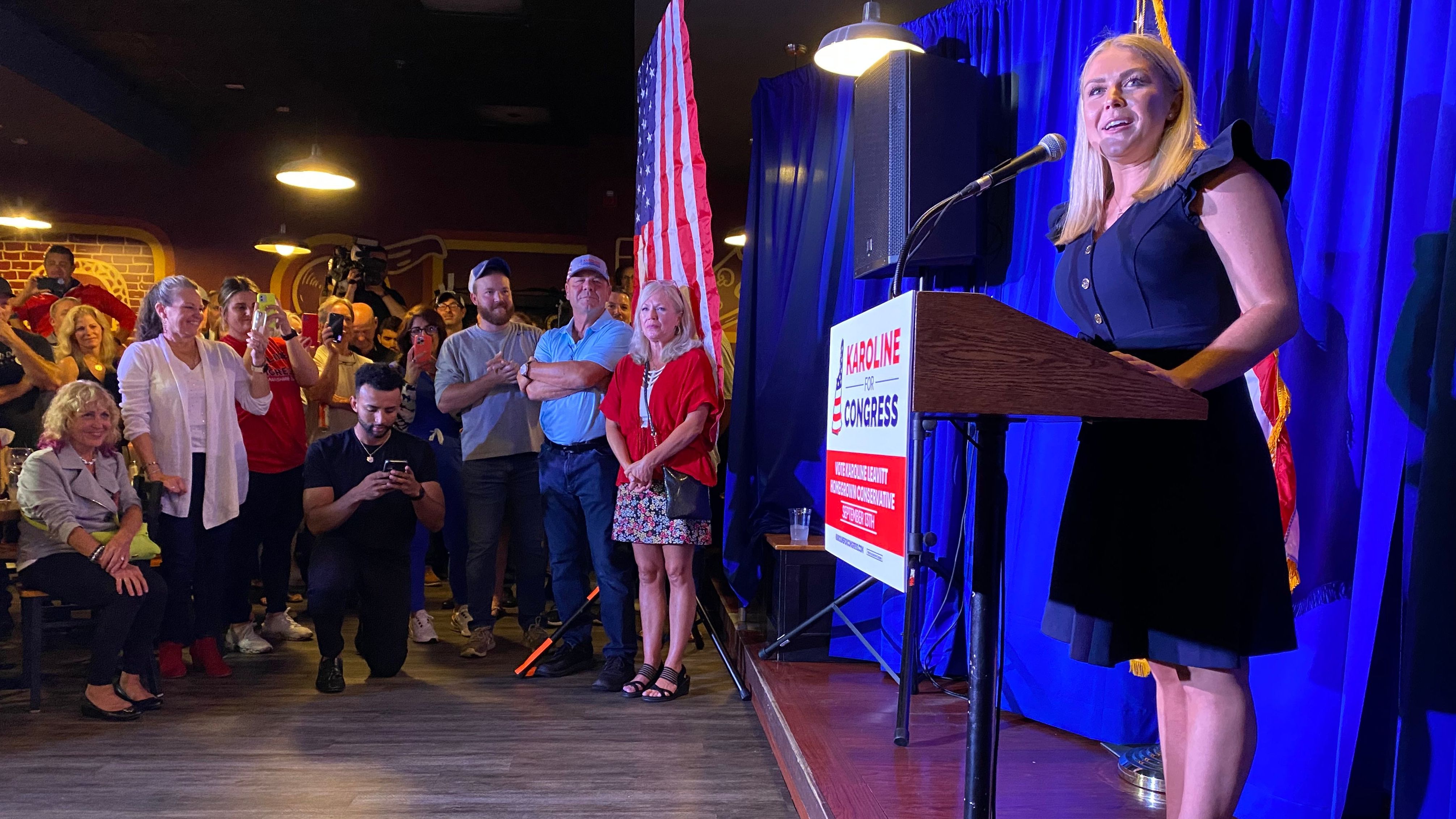 Karoline Leavitt proclaims victory in New Hampshire's Republican primary for the 1st District at The Community Oven restaurant in Hampton on Tuesday.
