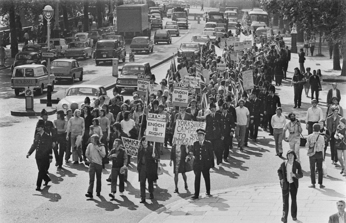 Meat porters of Smithfield Market in London march to the Houses of Parliament in protest against the expected influx of Ugandan Asians, September 1972. 