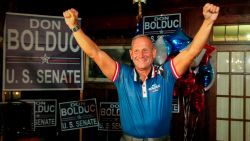 New Hampshire Republican U.S. Senate candidate Don Bolduc smiles during a primary night campaign gathering, Tuesday Sept. 13, 2022, in Hampton, N.H. (AP Photo/Reba Saldanha)