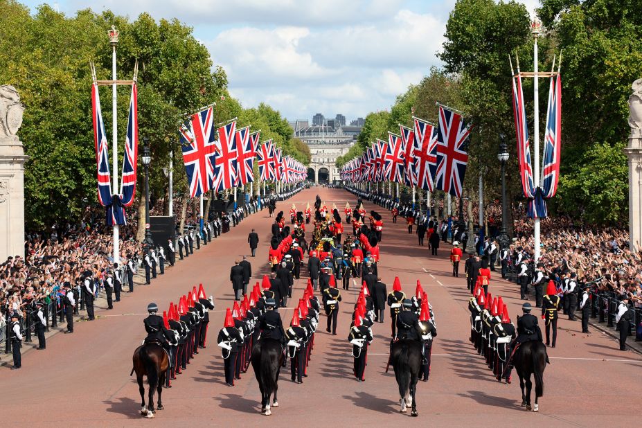 The Queen's coffin was carried along The Mall, Whitehall, Parliament Street, Parliament Square and New Palace Yard before entering Westminster Hall on Wednesday.