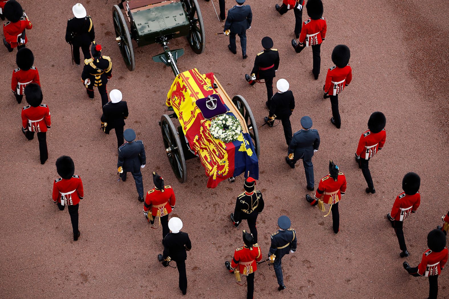 The Queen's coffin is covered with the Royal Standard as it is carried to Westminster Hall on Wednesday.