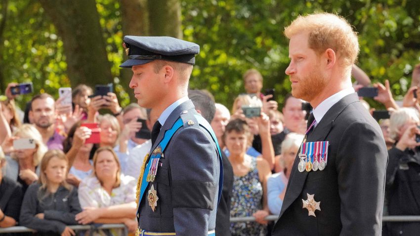 TOPSHOT - Britain's Prince William, Prince of Wales and Prince Harry follow the coffin of Queen Elizabeth II, adorned with a Royal Standard and the Imperial State Crown and pulled by a Gun Carriage of The King's Troop Royal Horse Artillery, during a procession from Buckingham Palace to the Palace of Westminster, in London on September 14, 2022. - Queen Elizabeth II will lie in state in Westminster Hall inside the Palace of Westminster, from Wednesday until a few hours before her funeral on Monday, with huge queues expected to file past her coffin to pay their respects. (Photo by Martin Meissner / POOL / AFP) (Photo by MARTIN MEISSNER/POOL/AFP via Getty Images)