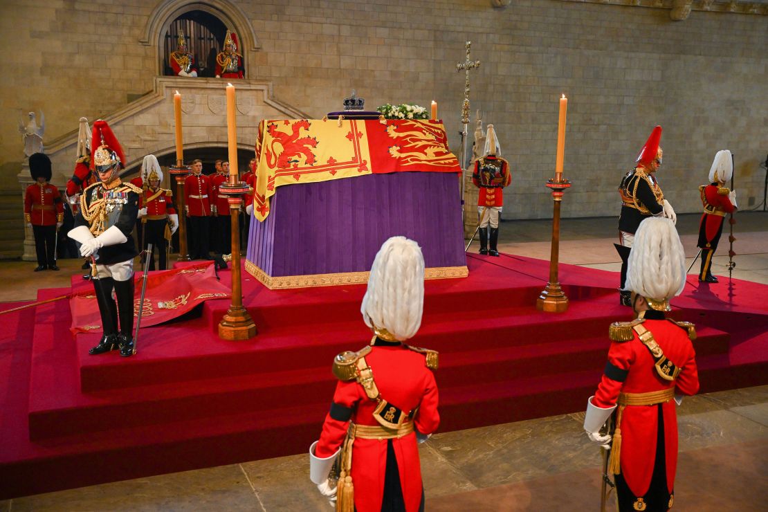The Queen's coffin lying in state in Westminster Hall.