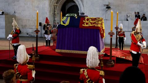 The coffin of Queen Elizabeth II arrives at Westminster Hall from Buckingham Palace for her lying in state on Wednesday, September 14, 2022.