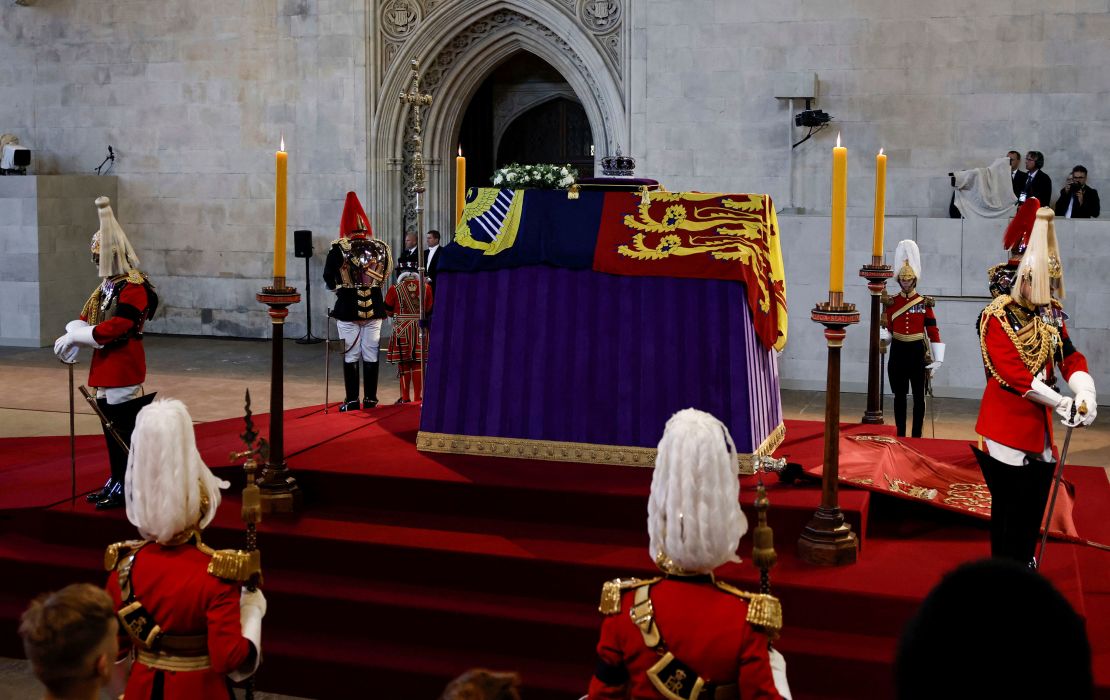 The coffin of Queen Elizabeth II arrives at Westminster Hall from Buckingham Palace for her lying in state on Wednesday, September 14, 2022.  