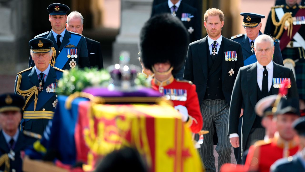 Britain's King Charles III, left centre, was joined by senior royals to walk behind the Queen's coffin as it processed to Westminster Hall in London on Wednesday. 