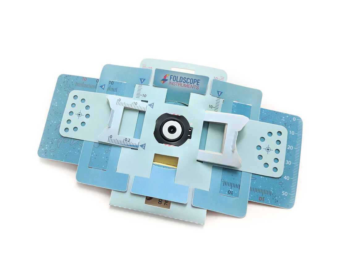 A Foldscope, a powerful microscope made from paper, is shown. 