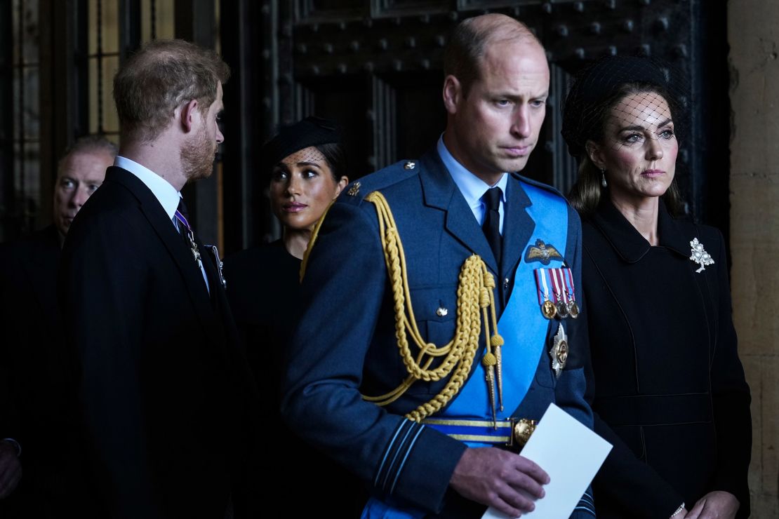 Prince William, Catherine, Princess of Wales, Prince Harry, and Meghan, Duchess of Sussex leave after they paid their respects to Queen Elizabeth II in Westminster Hall for the Lying-in State, in London, Wednesday, September 14, 2022. 
