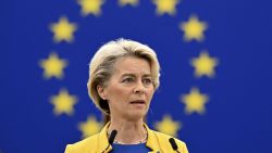 European Commission President Ursula von der Leyen delivers a speech during a debate on "The State of the European Union" as part of a plenary session in Strasbourg, eastern France, on September 14, 2022. 