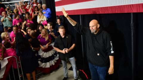 Pennsylvania Democratic Senate nominee John Fetterman acknowledges supporters at a campaign rally at the Montgomery County Community College in Blue Bell on September 11, 2022.
