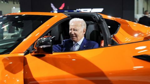 U.S. President Joe Biden sits in a Chevrolet Corvette Z06 during a visit to the Detroit Auto Show to highlight electric vehicle manufacturing in America, in Detroit, Michigan, U.S., September 14, 2022. REUTERS/Kevin Lamarque