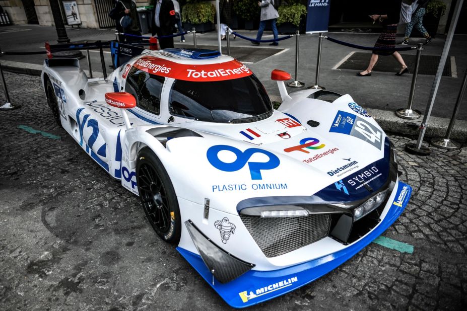 Even race cars are potentially turning to hydrogen -- including this H24 prototype, pictured on display in Paris in June 2021.