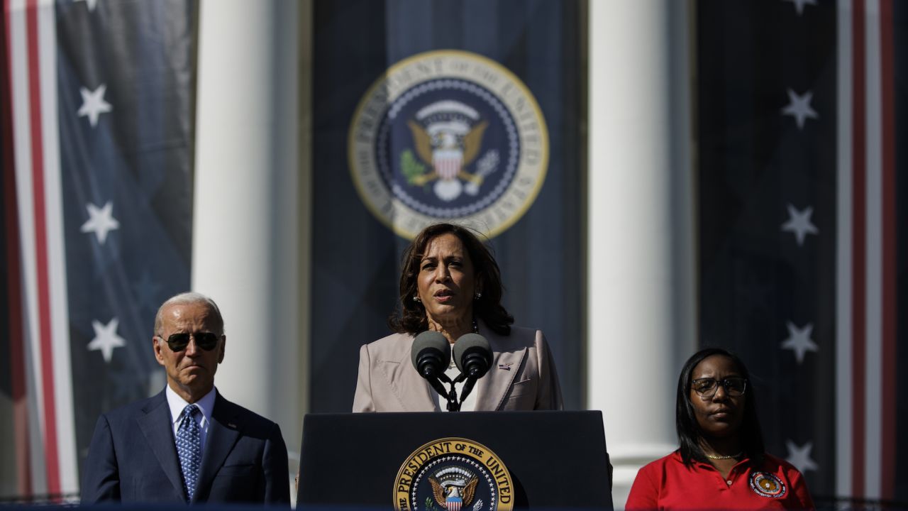 Vice President Kamala Harris speaks beside President Joe Biden during an Inflation Reduction Act event on the South Lawn of the White House on Tuesday.  
