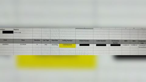 Call record obtained by CNN which shows an incoming call to a phone registered to Lunyk on Jan. 6, 2021. The call is from 202-456-1414, the publicly available White House phone number. The time stamp says 21:34:04 because the call records were formatted in GMT; so it came in at 4:34pm.