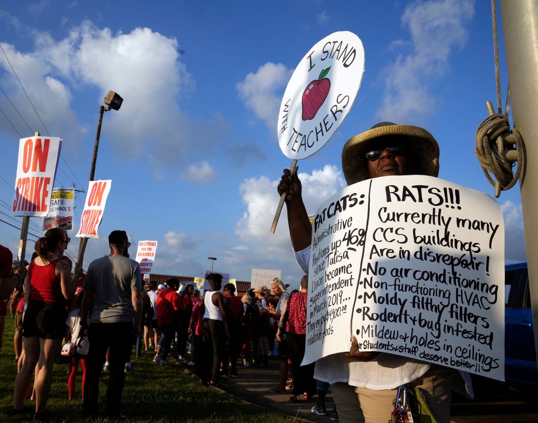 A demonstrator in Columbus, Ohio, rallies in support of teachers at a Columbus Education Association protest in August.