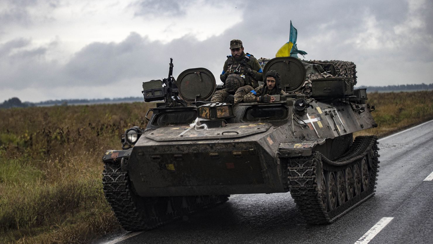 Ukrainian soldiers are seen in a tank after Russian Forces withdrawal as Russia-Ukraine war continues in Izium, Kharkiv Oblast, Ukraine on September 14, 2022. 