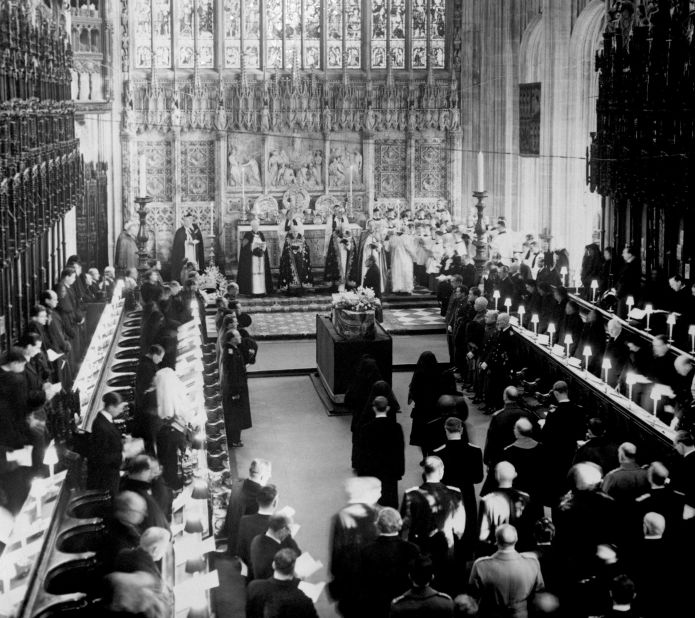 The King's funeral is held at St. George's Chapel in Windsor Castle on February 15, 1952.