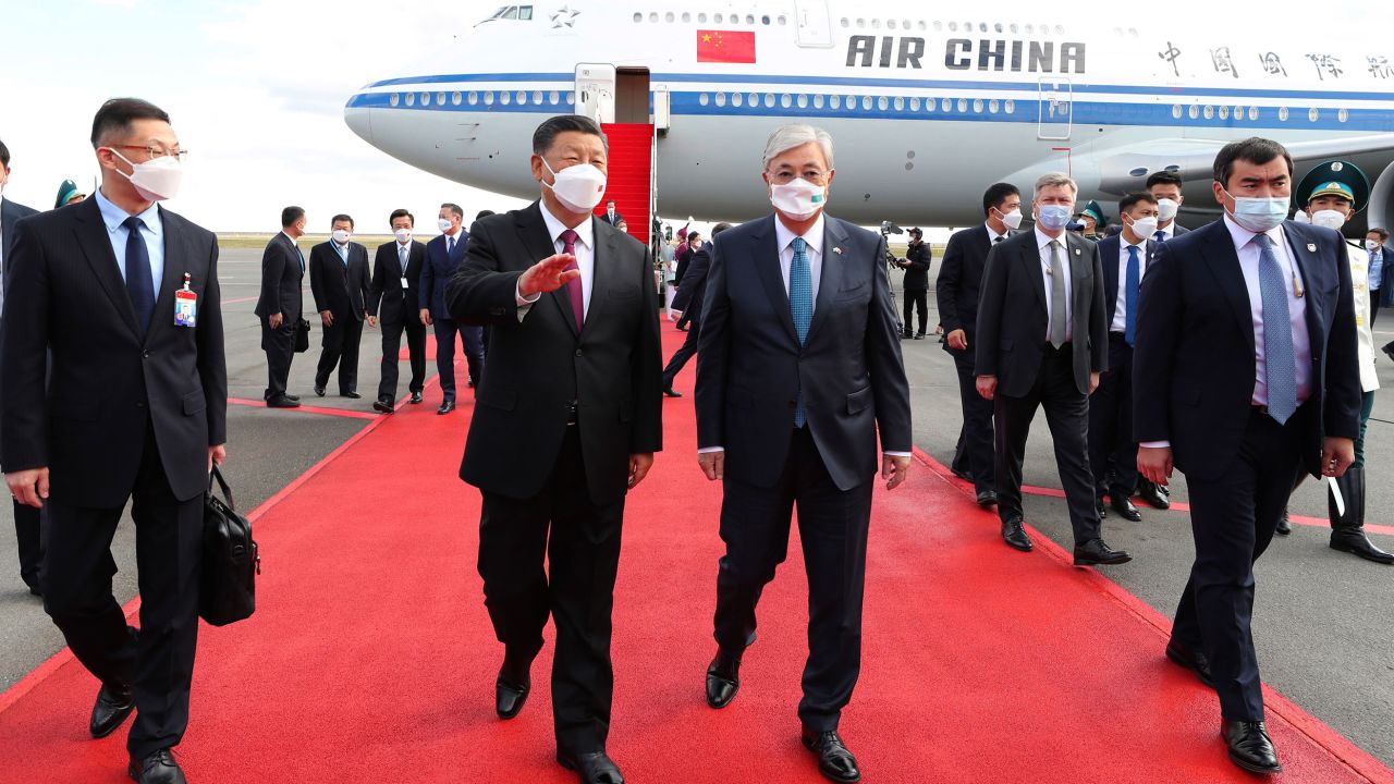 Chinese leader Xi Jinping with Kazakhstan's President Kassym-Jomart Tokayev as he arrives in Kazakhstan on Wednesday.