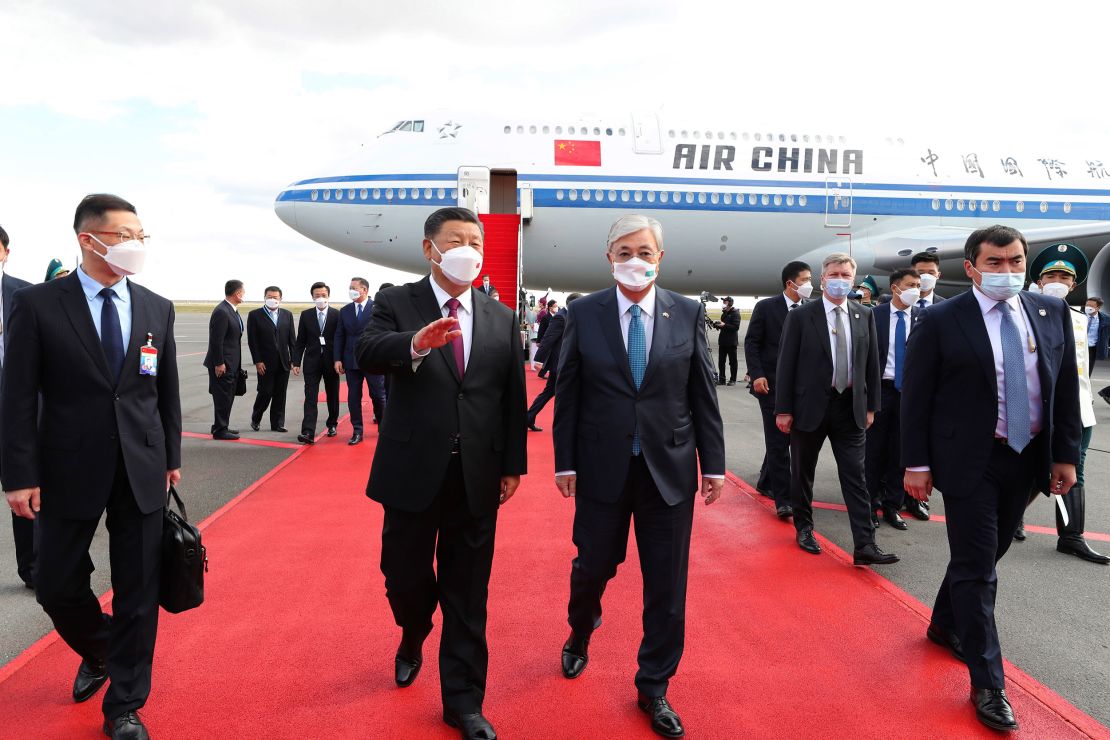 Chinese leader Xi Jinping with Kazakhstan's President Kassym-Jomart Tokayev as he arrives in Kazakhstan on Wednesday.