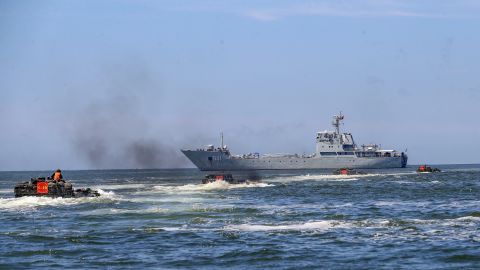 Chinese army and naval units conduct a live-fire drill in Zhangzhou City, China, on Aug 24, 2022. 